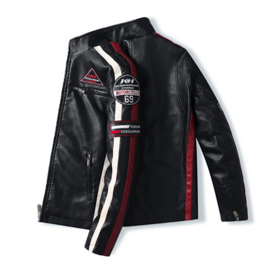 Black leather jacket with red and white accents on a white background