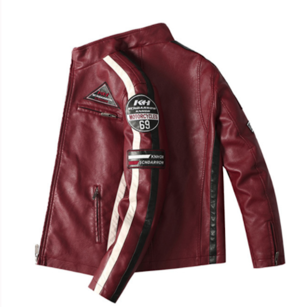 Red leather jacket with patches on a white background