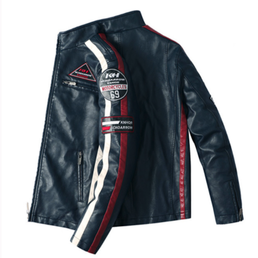 Black leather jacket with red and white accents on a white background