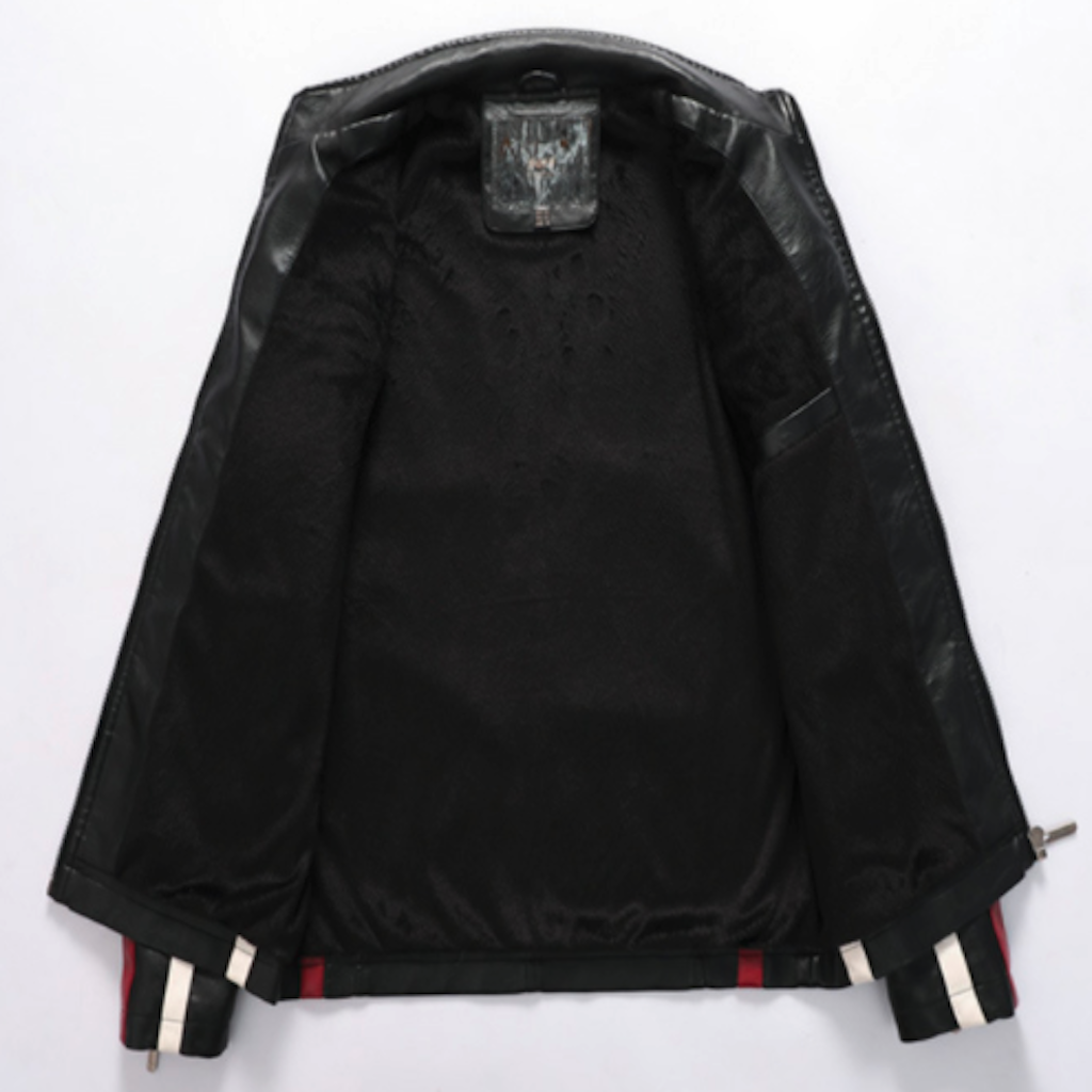 Black leather jacket with brand logo on a white background