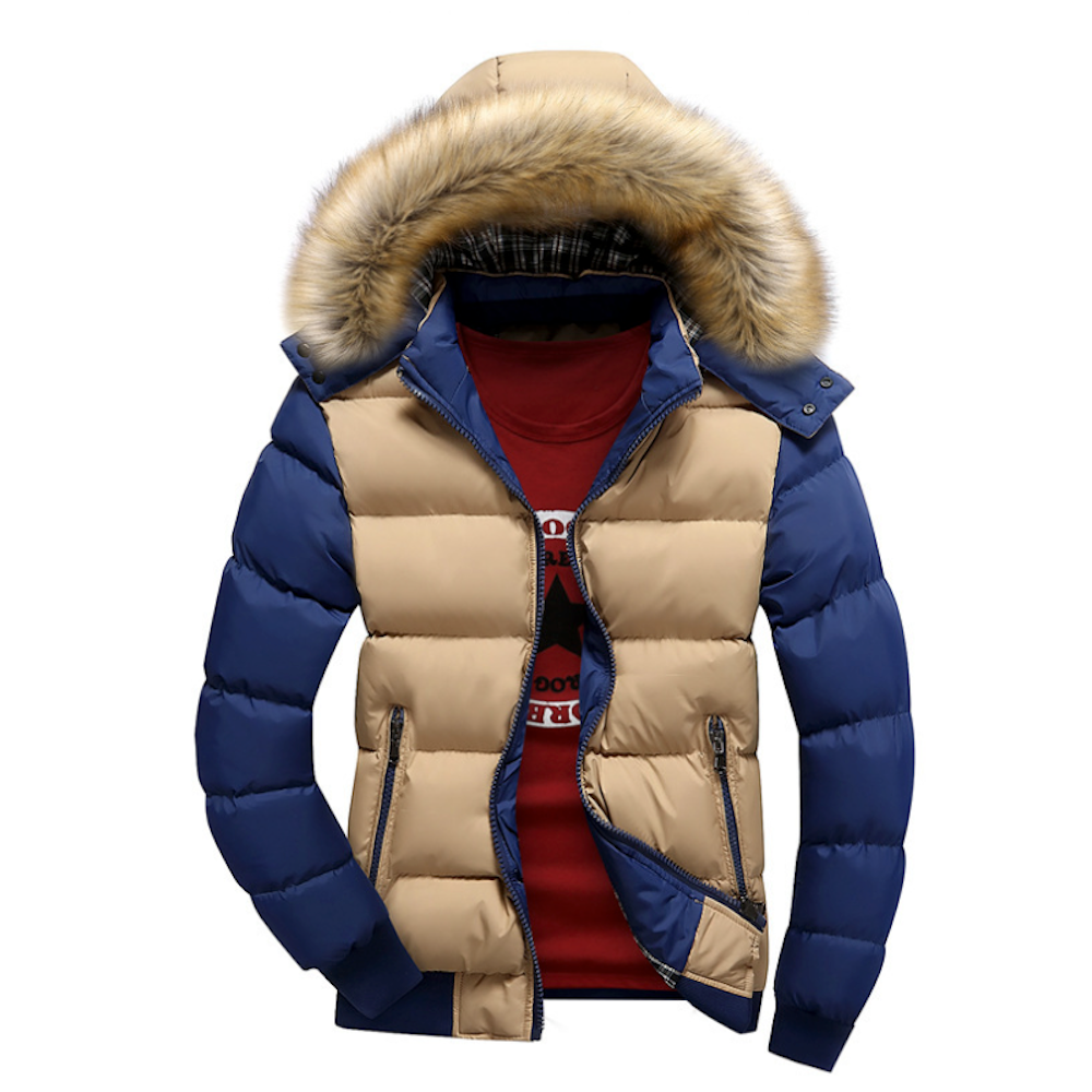 Beige and blue winter jacket with fur-lined hood on a white background