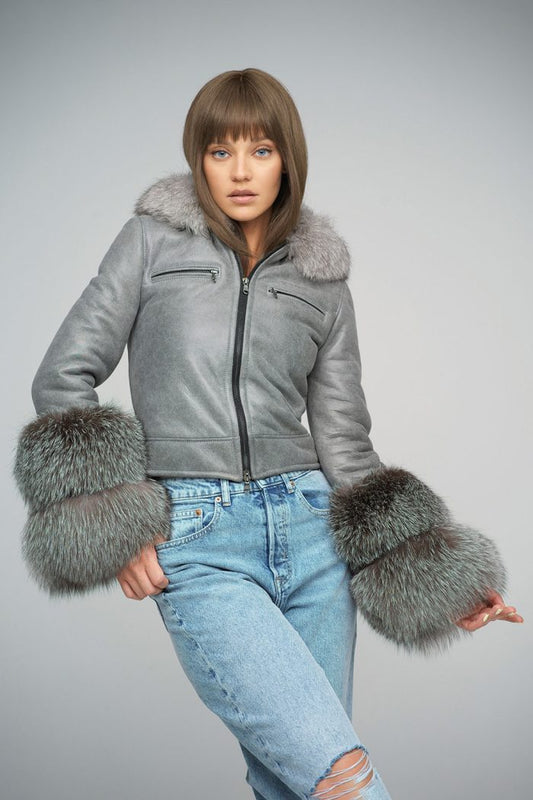 Grey Leather Jacket with Fox Fur Collar & Cuffs