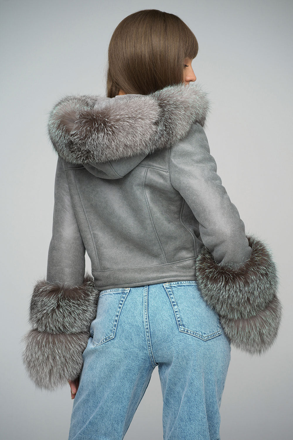 Grey Leather Jacket with Fox Fur Collar & Cuffs