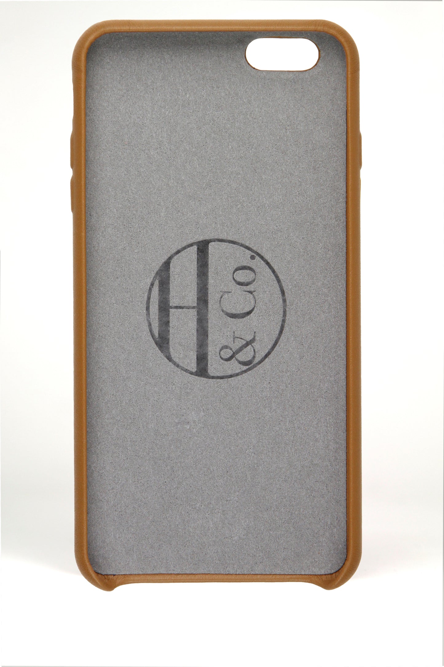 Phone case with 'H & Co' logo on a gray background