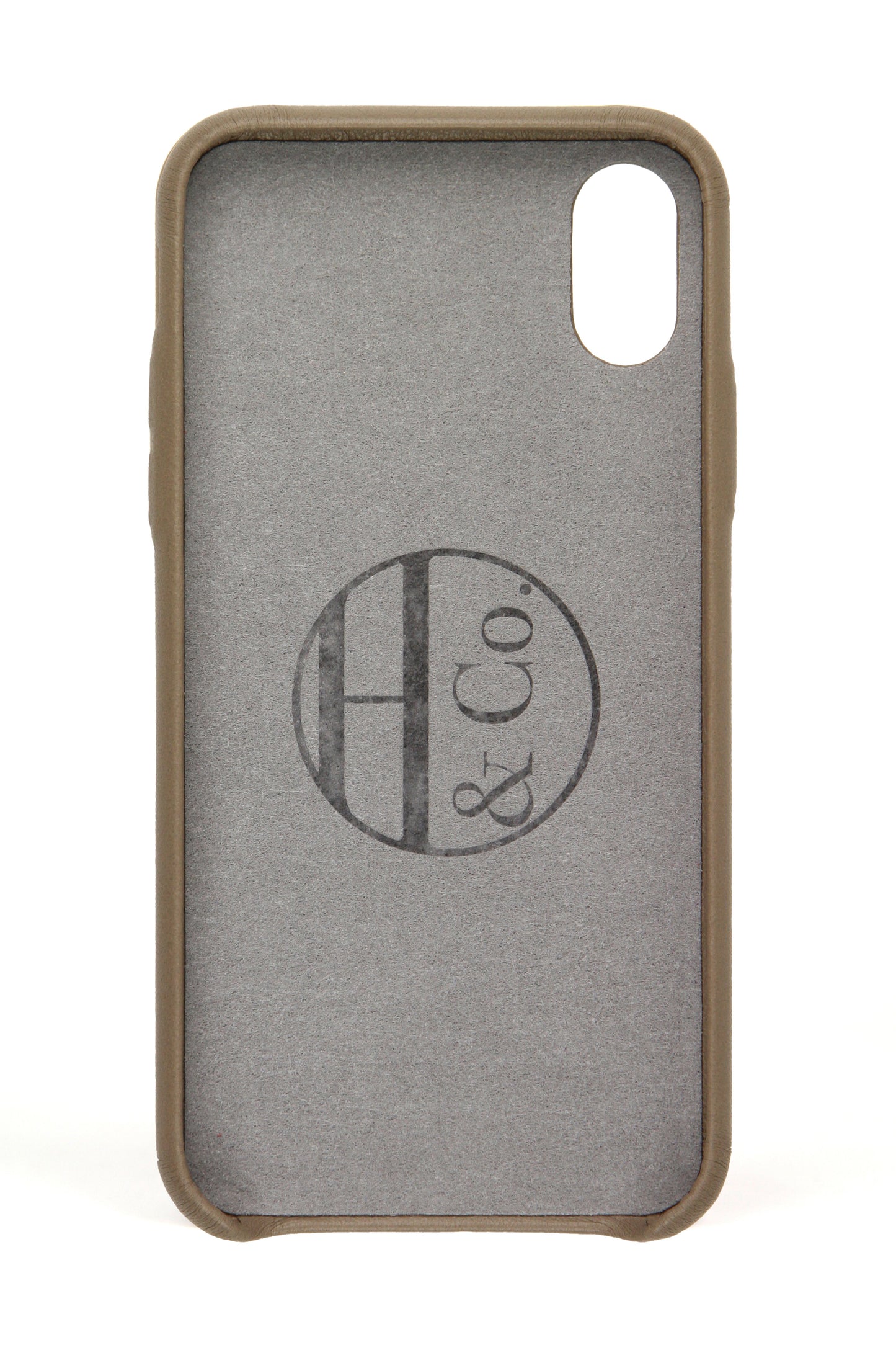Phone case with 'H & Co' logo on a gray background