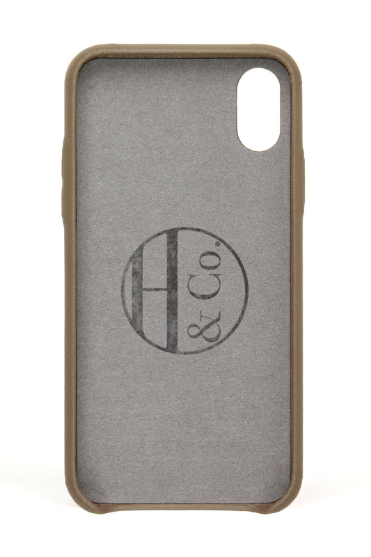 Phone case with 'H & Co' logo on a gray background