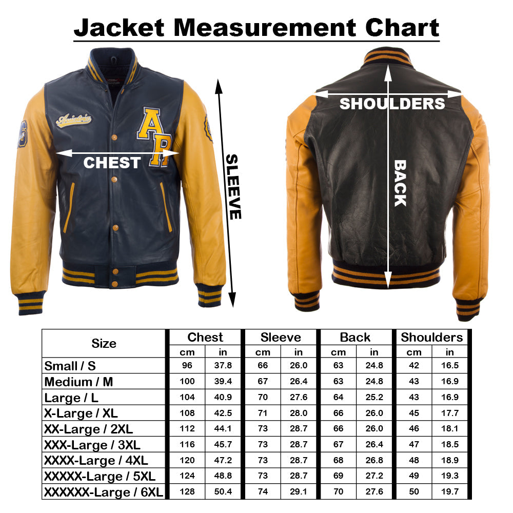Measurement chart for a varsity jacket with size chart