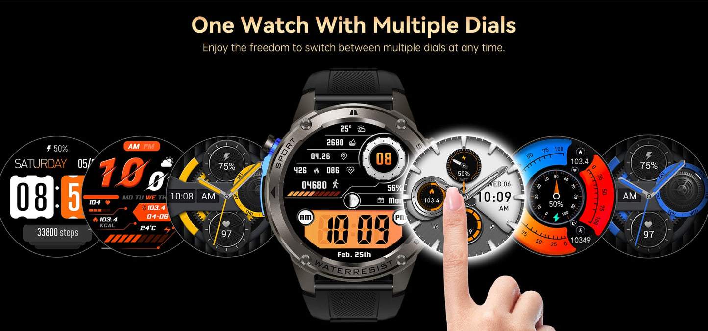 Smartwatch with multiple display options on a black background