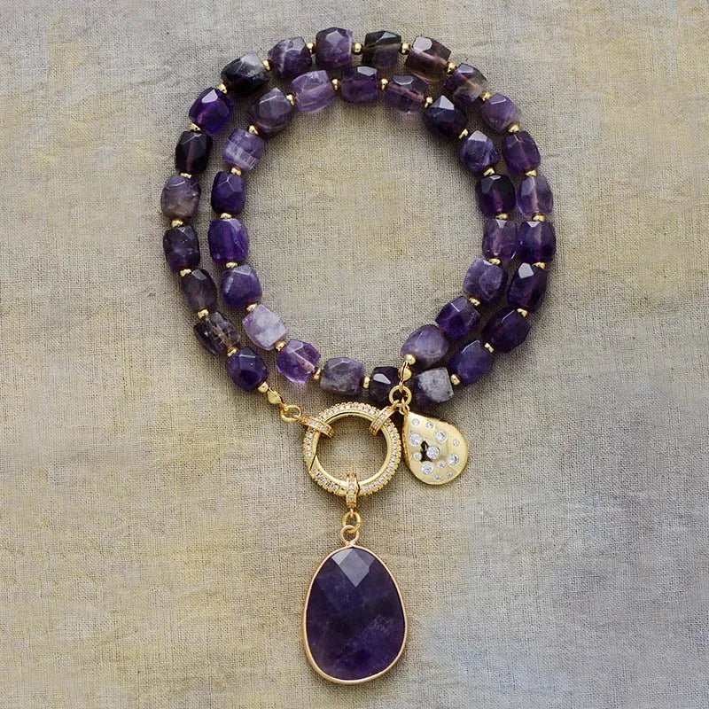 Amethyst Crystal Pendant Necklace - Handmade Bohemian Gold Plated Chain - Style Queenz