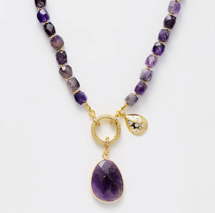Amethyst Crystal Pendant Necklace - Handmade Bohemian Gold Plated Chain - Style Queenz