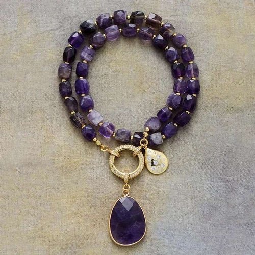 Amethyst Crystal Pendant Necklace - Handmade Bohemian Gold Plated Chain - Style Queenz