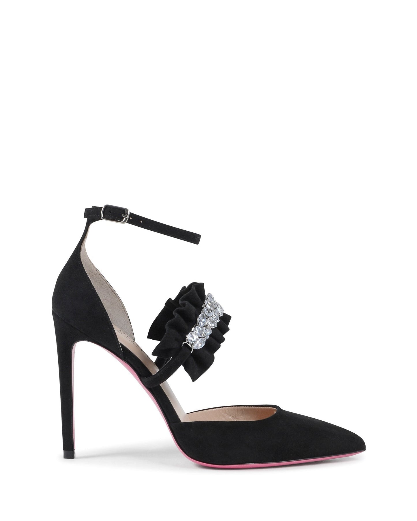 Ankle Strap Brilliant Pump Black - Italian Suede Satin 10cm Heel - Style Queenz