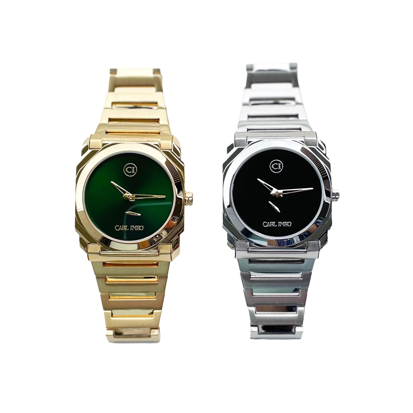 Two watches, one gold and one silver, on a white background