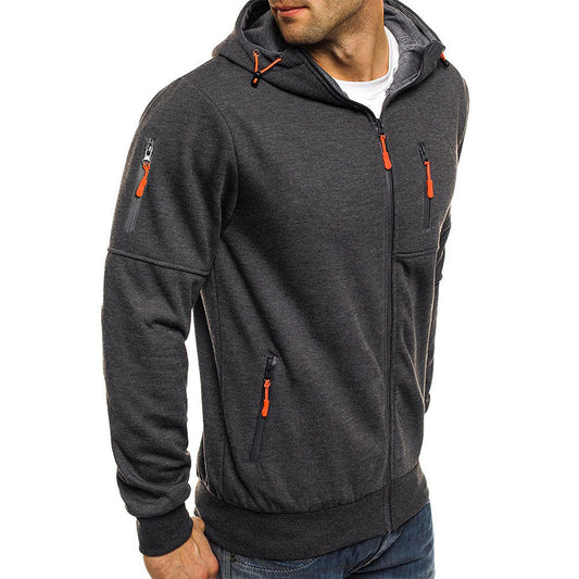Men's Zip-Up Hooded Sweater - Solid Color Cardigan