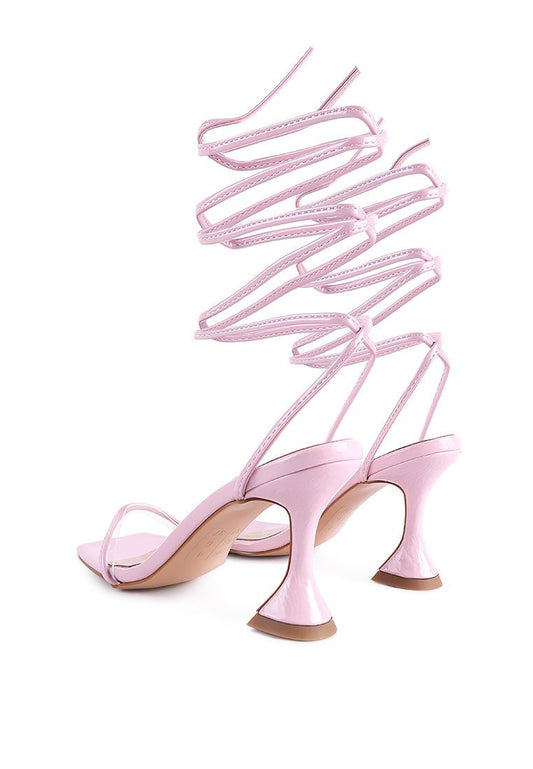 Biten Berry Spool Heel Lace Up Sandals - Patent Croc Mid Heel Summer Shoes - Style Queenz