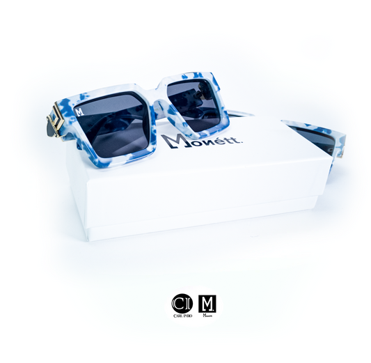 Blue and white sunglasses with 'Monett' branding on a white background