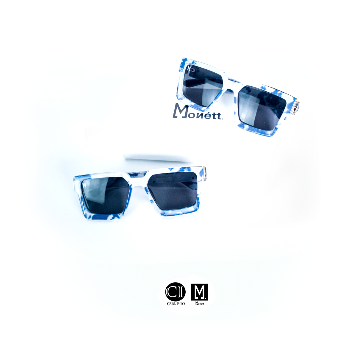 Blue and white sunglasses with 'Monett' branding on a white background