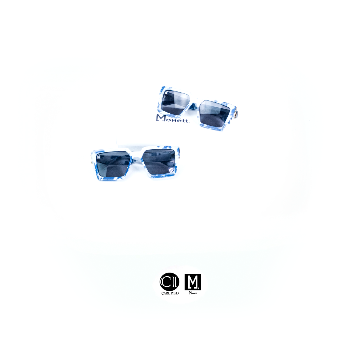 Blue sunglasses with 'Monett' branding on a white background