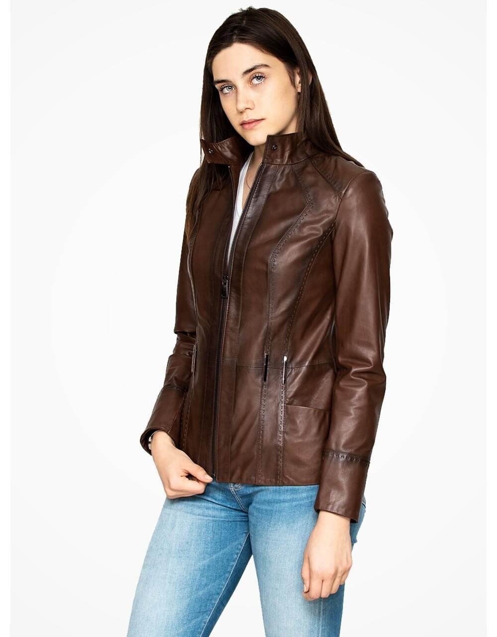 Brown Leather Biker Jacket - Genuine Sheepskin Motorcycle Jacket for Women - Style Queenz