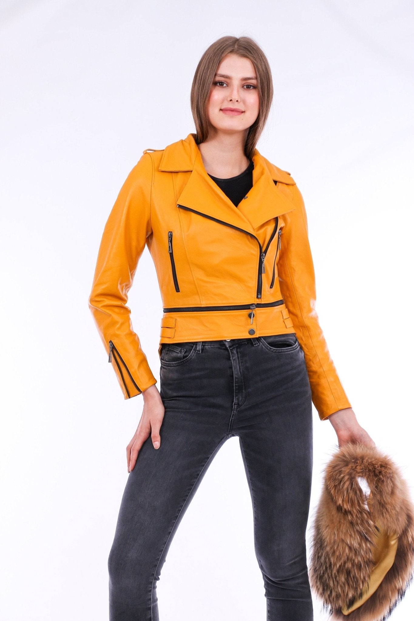Buttagi Yellow Leather Biker Jacket - Women's Genuine Nappa Lambskin - Style Queenz