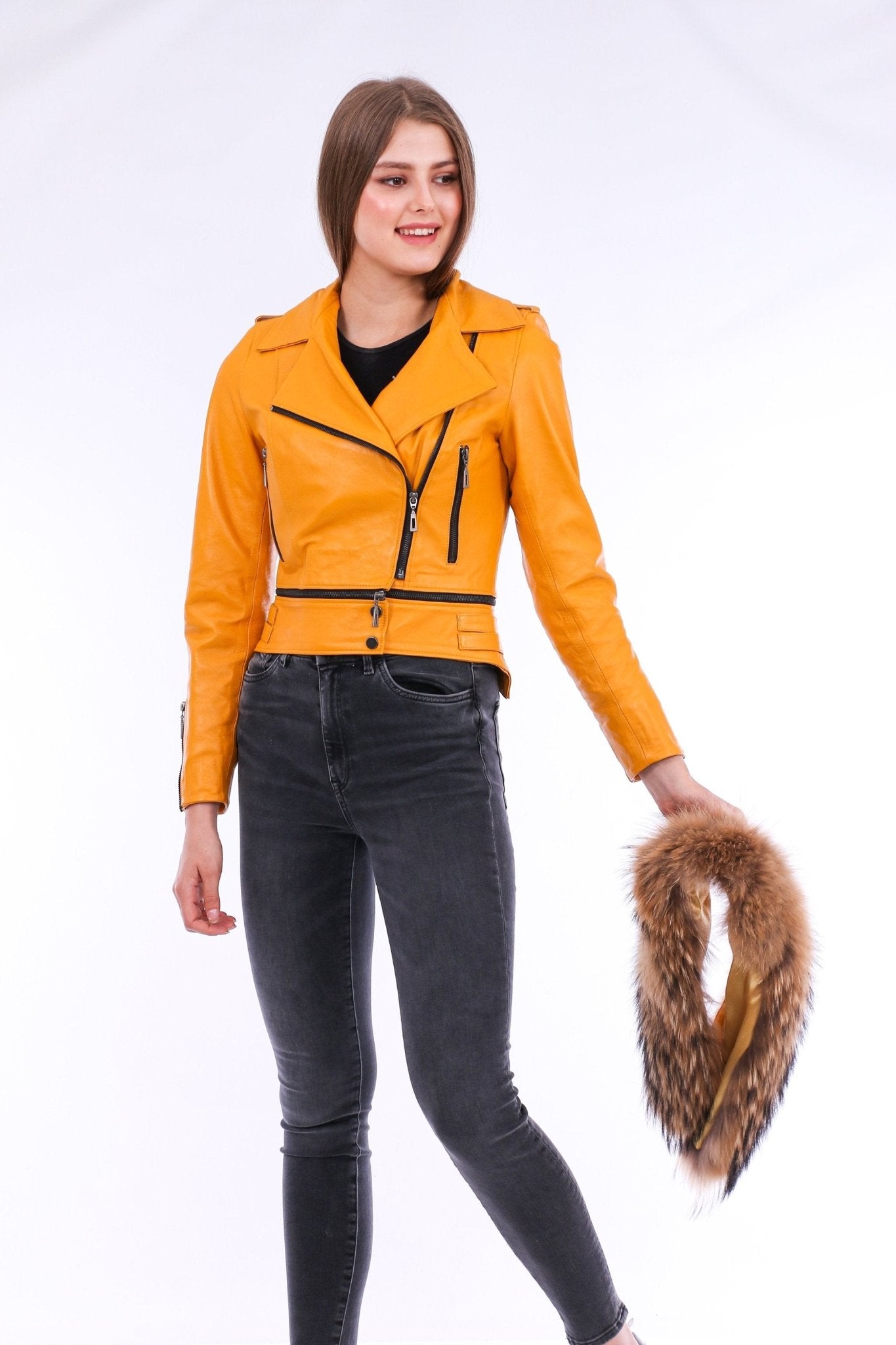 Buttagi Yellow Leather Biker Jacket - Women's Genuine Nappa Lambskin - Style Queenz