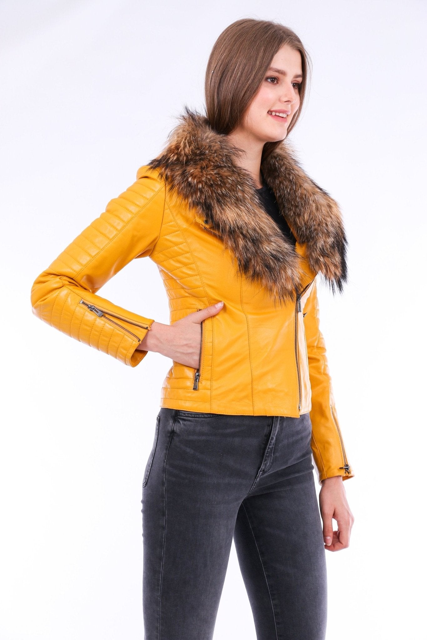 Cana Yellow Quilted Leather Biker Jacket - Women's Genuine Nappa Lambskin - Style Queenz