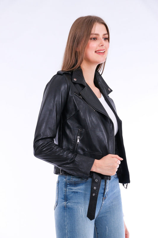Castelli Black Leather Biker Jacket - Women's Genuine Sheepskin - Style Queenz