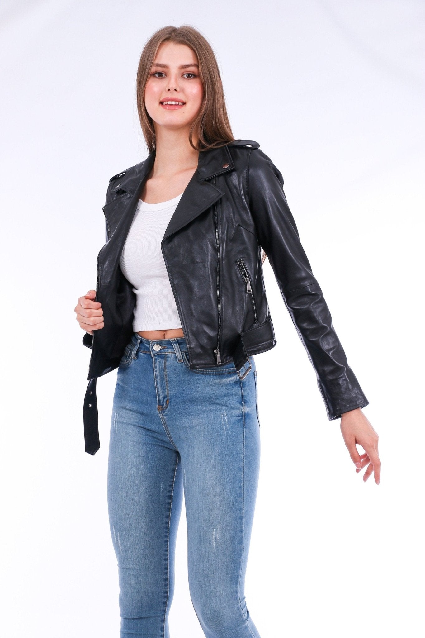 Castelli Black Leather Biker Jacket - Women's Genuine Sheepskin - Style Queenz