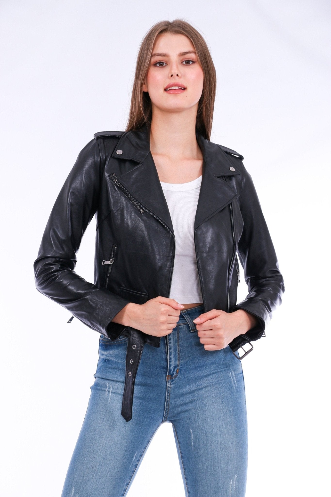 Castelli Black Leather Biker Jacket - Women's Genuine Sheepskin - Style Queenz