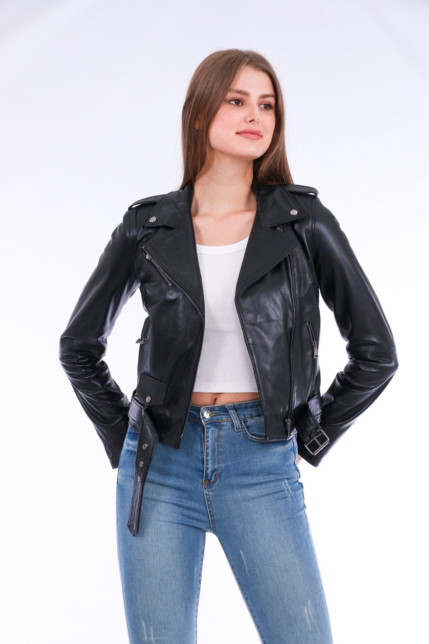 Castelli Black Leather Biker Jacket - Women's Genuine Sheepskin - Style Queenz