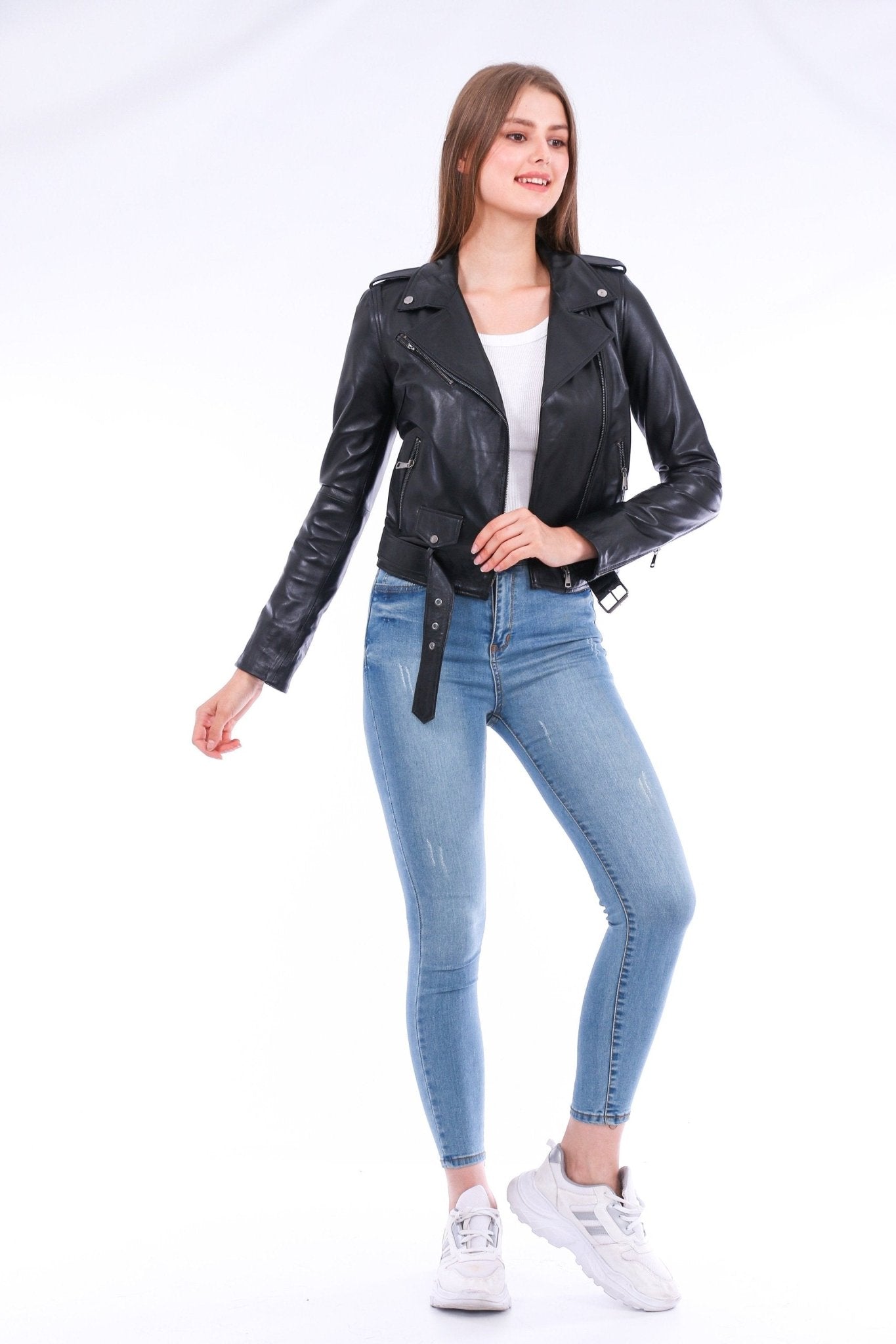 Castelli Black Leather Biker Jacket - Women's Genuine Sheepskin - Style Queenz