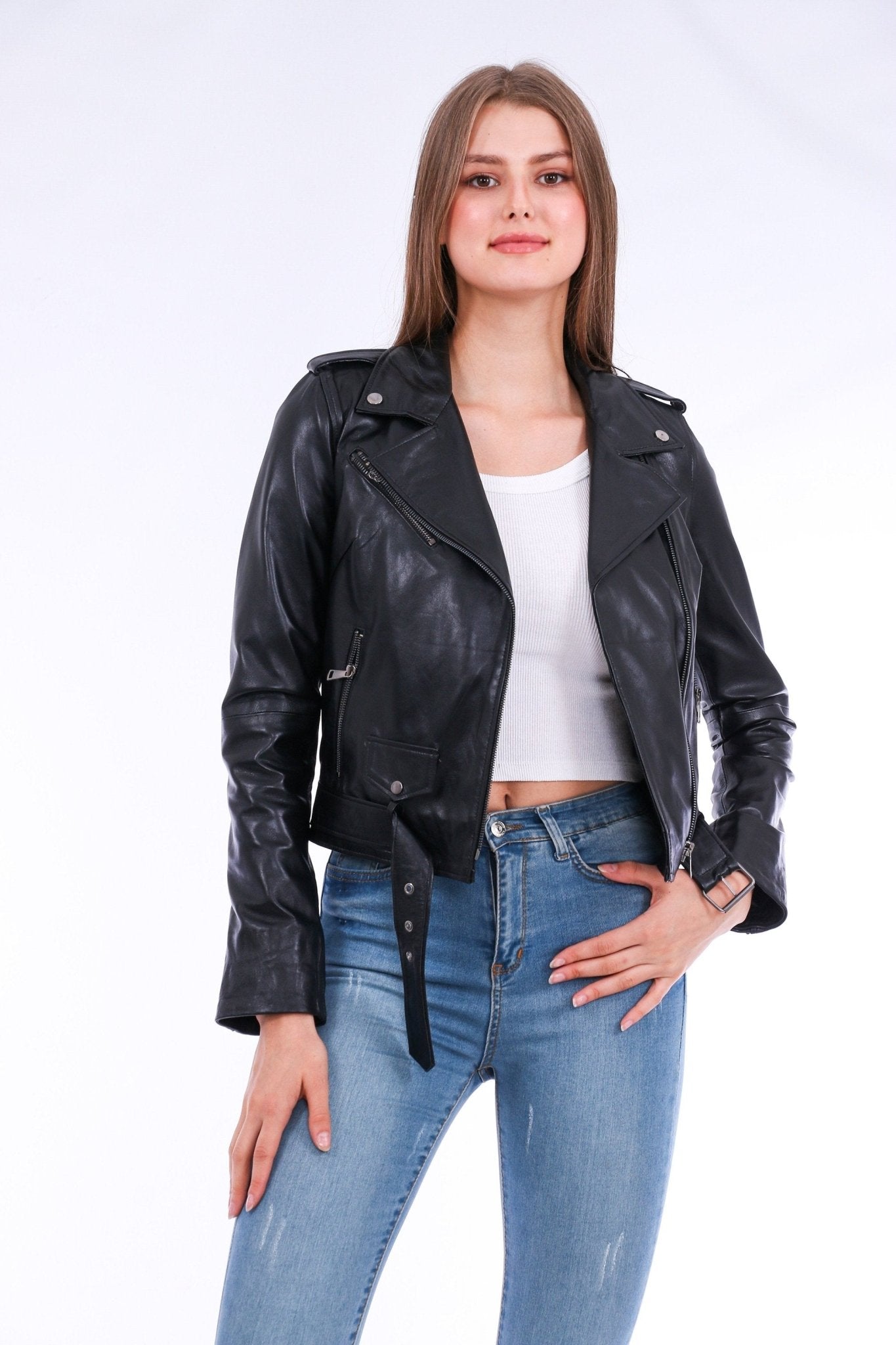 Castelli Black Leather Biker Jacket - Women's Genuine Sheepskin - Style Queenz