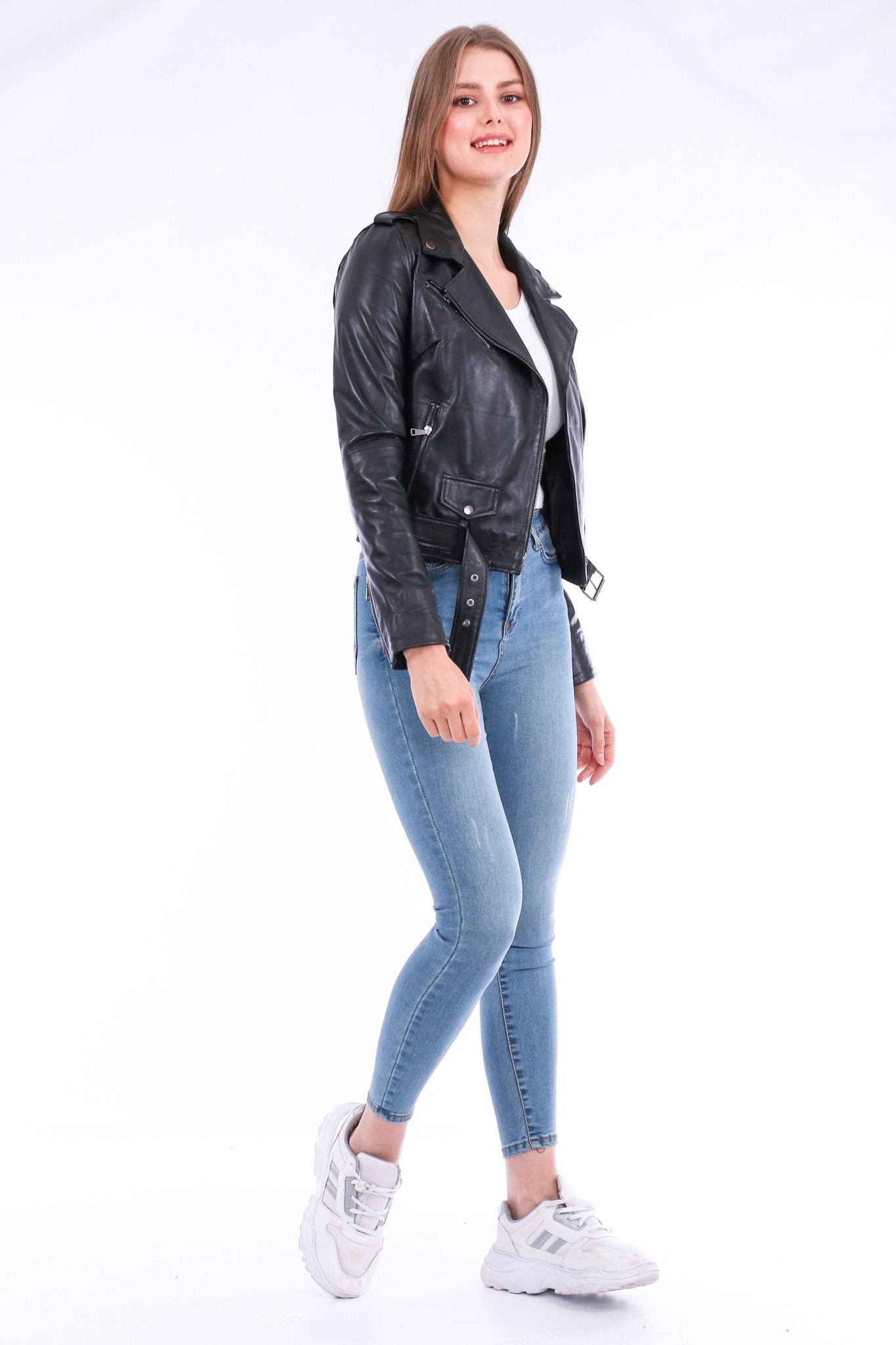 Castelli Black Leather Biker Jacket - Women's Genuine Sheepskin - Style Queenz