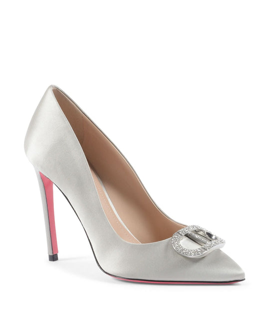Cindarella Satin Pump Grey - Italian Luxury Crystal Logo Heels - Style Queenz