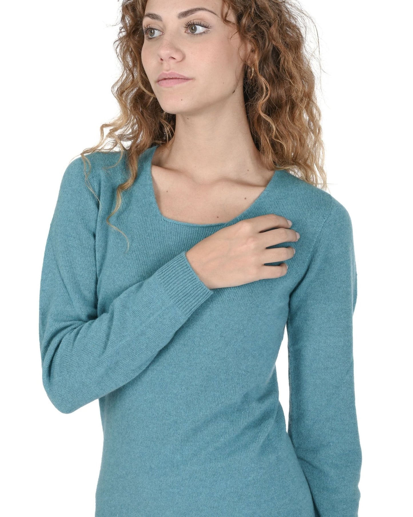 Crown of Edinburgh Cashmere Women's Square Neck Sweater - Turquoise Italian Made - Style Queenz