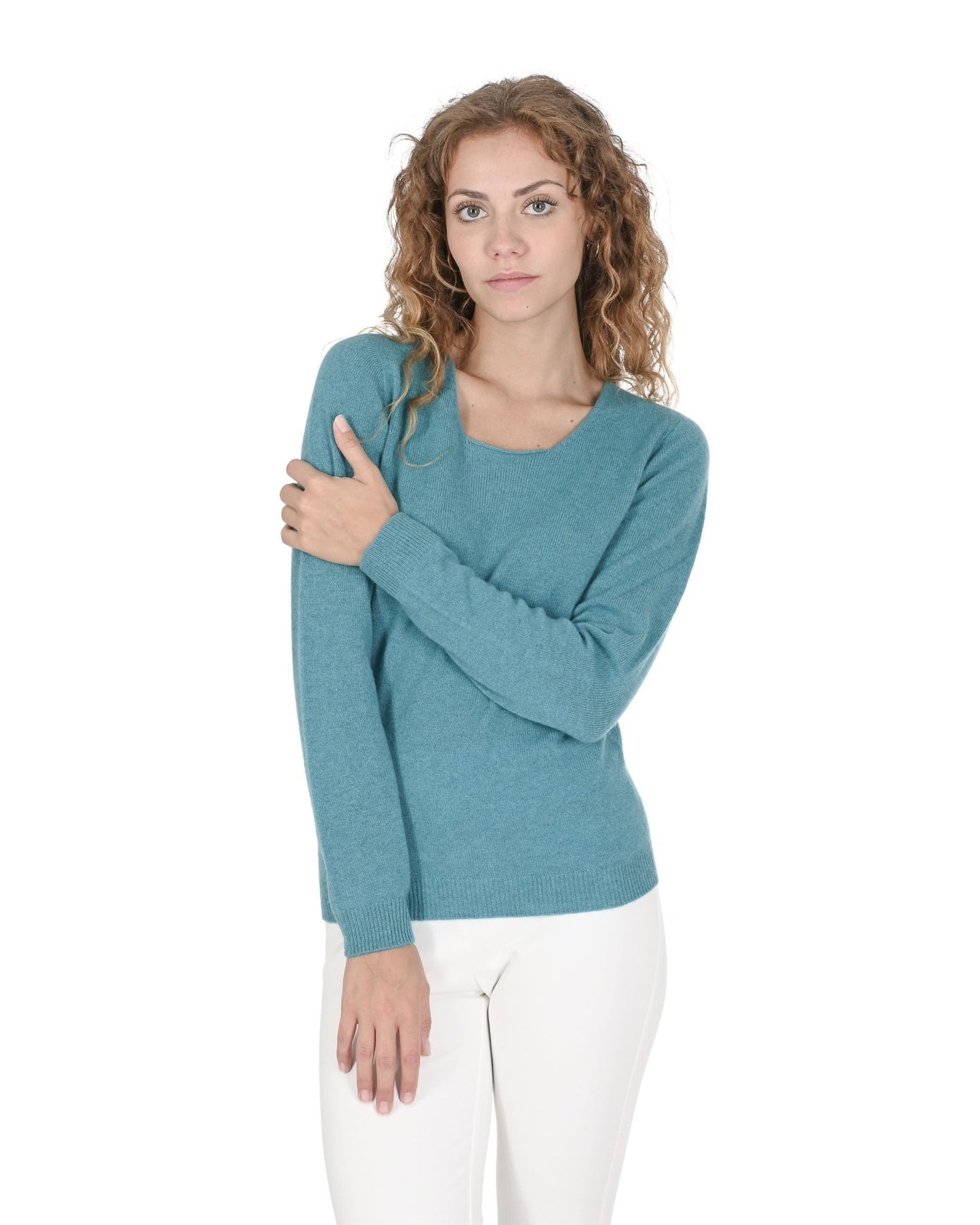 Crown of Edinburgh Cashmere Women's Square Neck Sweater - Turquoise Italian Made - Style Queenz