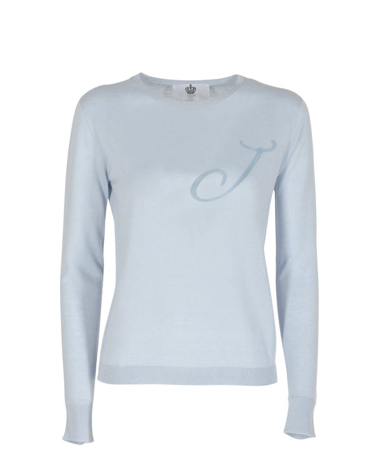 Crown of Edinburgh Silk Cashmere Sweater Light Blue Letter J - Italian Luxury | Style Queenz - Style Queenz