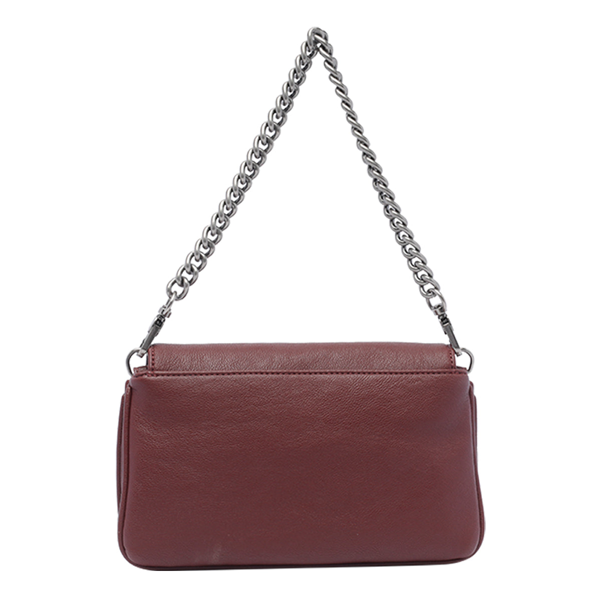 Brown handbag with a chain shoulder strap on a white background