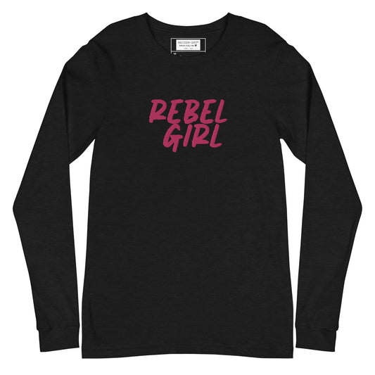 Black long-sleeve shirt with 'REBEL GIRL' text in pink on a white background