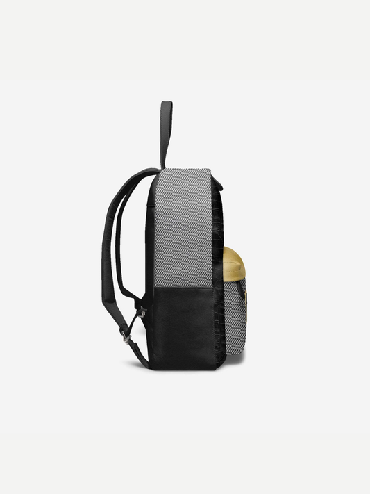 Black backpack with a mesh side panel on a white background