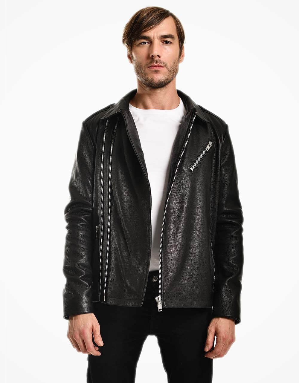 Man wearing a black leather jacket on a white background