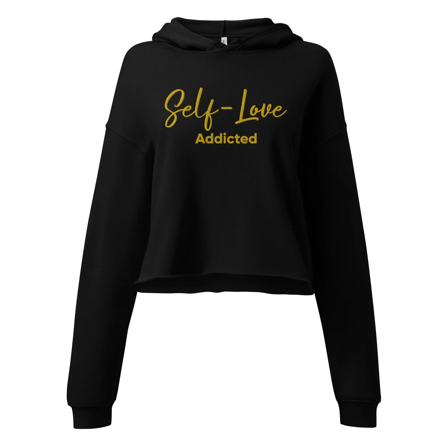 Black hoodie with 'Self-Love Addicted' text in yellow on a white background