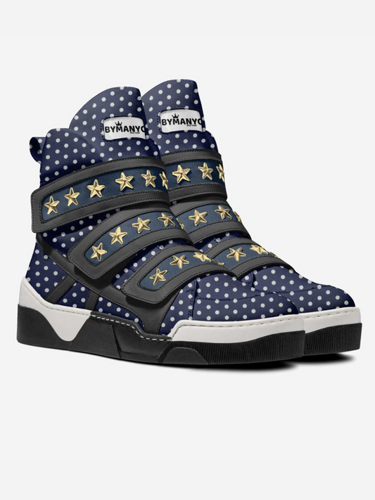 Blue polka dot high-top sneakers with gold stars on a white background