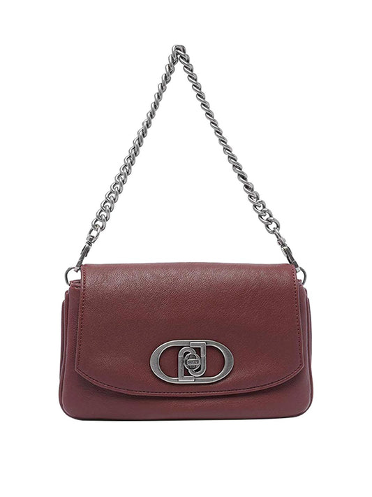 Red handbag with a silver chain strap on a white background