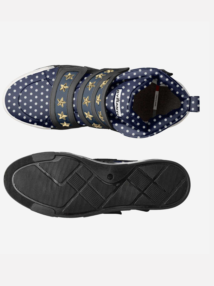 Pair of navy blue sneakers with white polka dots and gold star patterns on a white background.