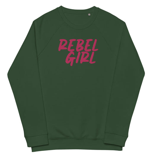 Green sweatshirt with 'REBEL GIRL' text in pink on a white background
