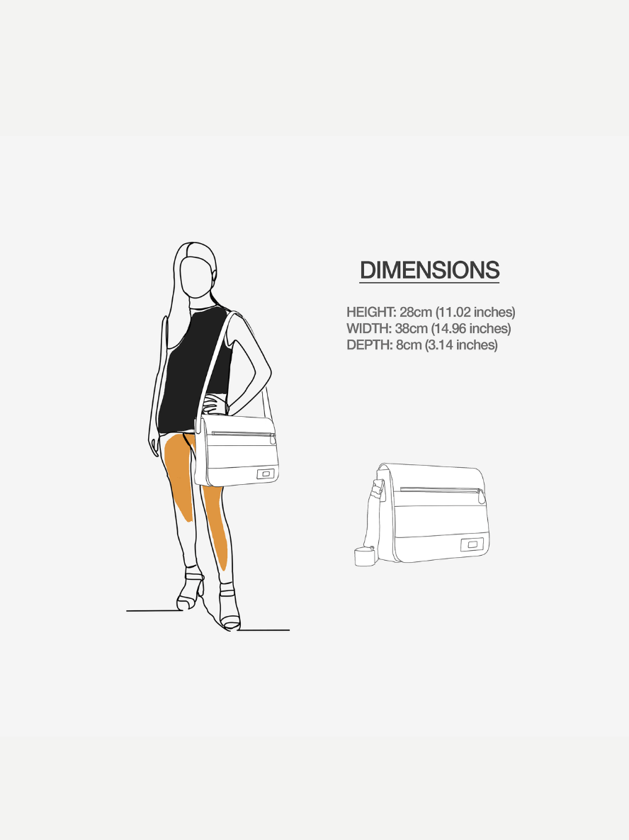 Outline of a person holding a bag with product dimensions on a white background