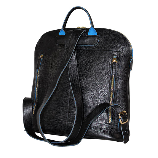 Black leather backpack with blue accents on a white background
