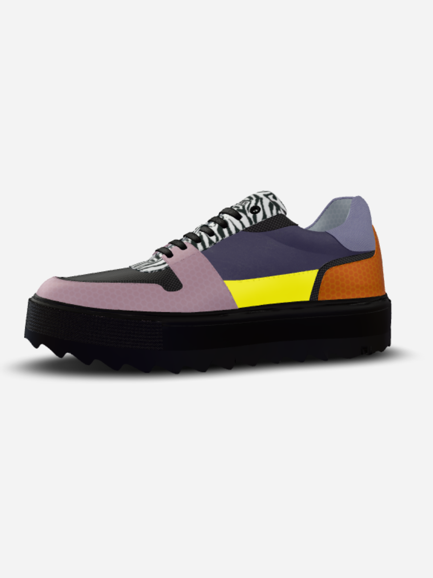 Multicolored sneaker with a platform sole on a white background