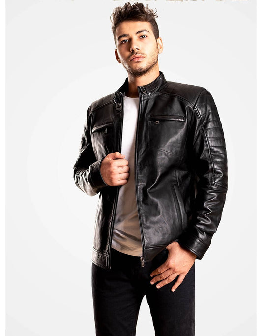 Man wearing a black leather jacket on a white background